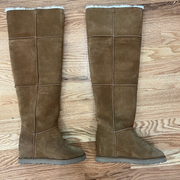 Brown wedged knee high Ugg boots